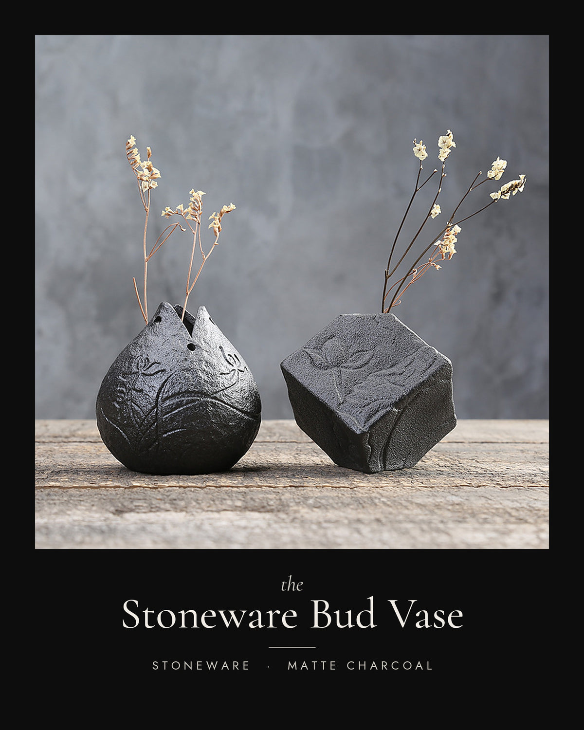 The Stoneware Bud Vase in Lotus and Square styles, matte charcoal — PUNCH LIST